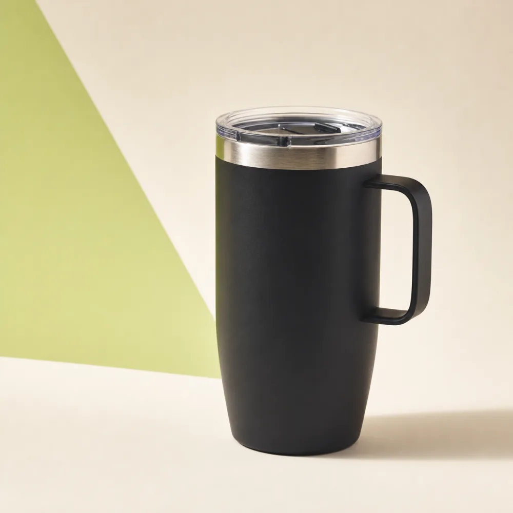 Unbranded matte black insulated travel mug used in the MerchLint demonstration