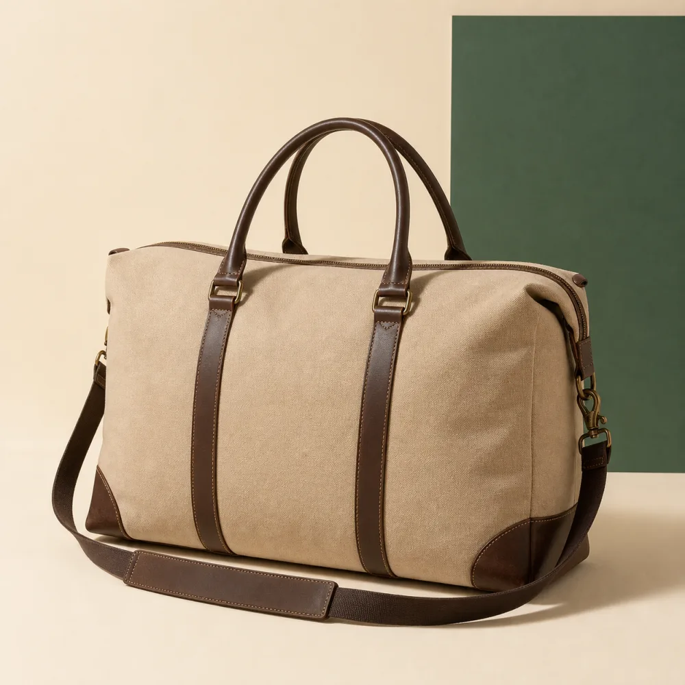 Unbranded beige canvas weekender bag used in the MerchLint batch demonstration